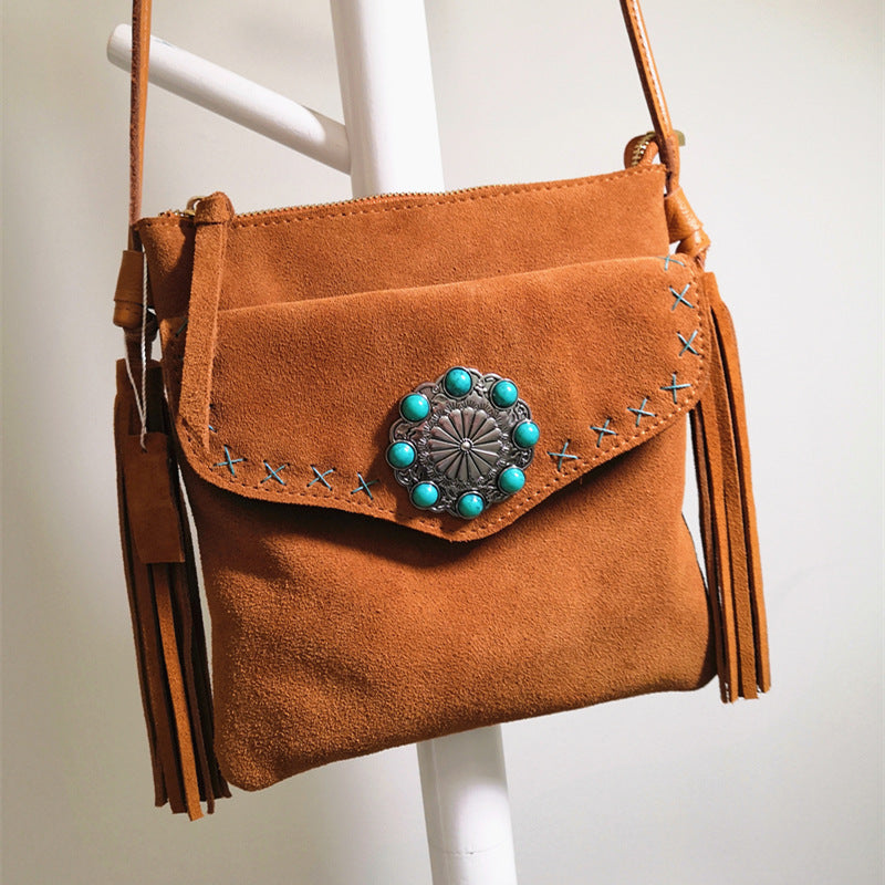 Western fringe crossbody bag with turquoise concho by Turquoise Vintage