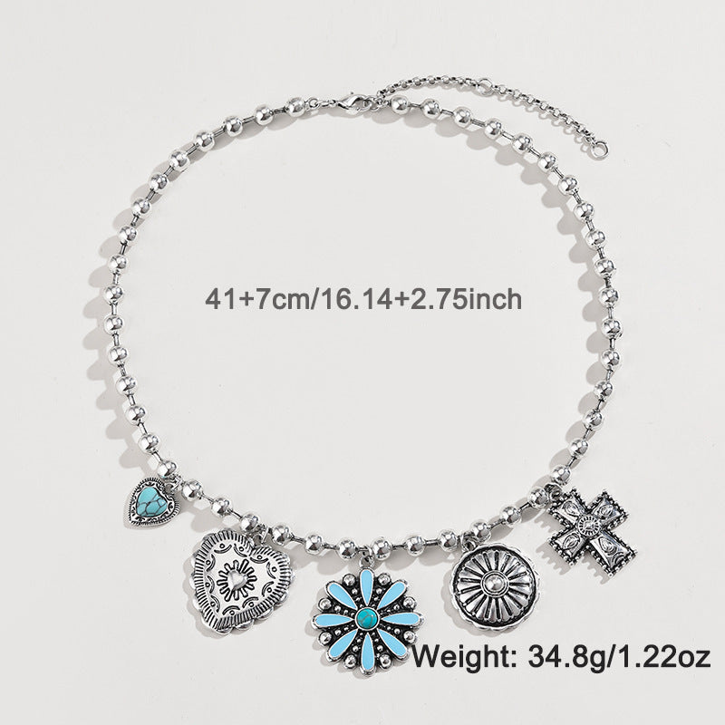 Western turquoise charm necklace with silver concho flower and cross charms, view 2