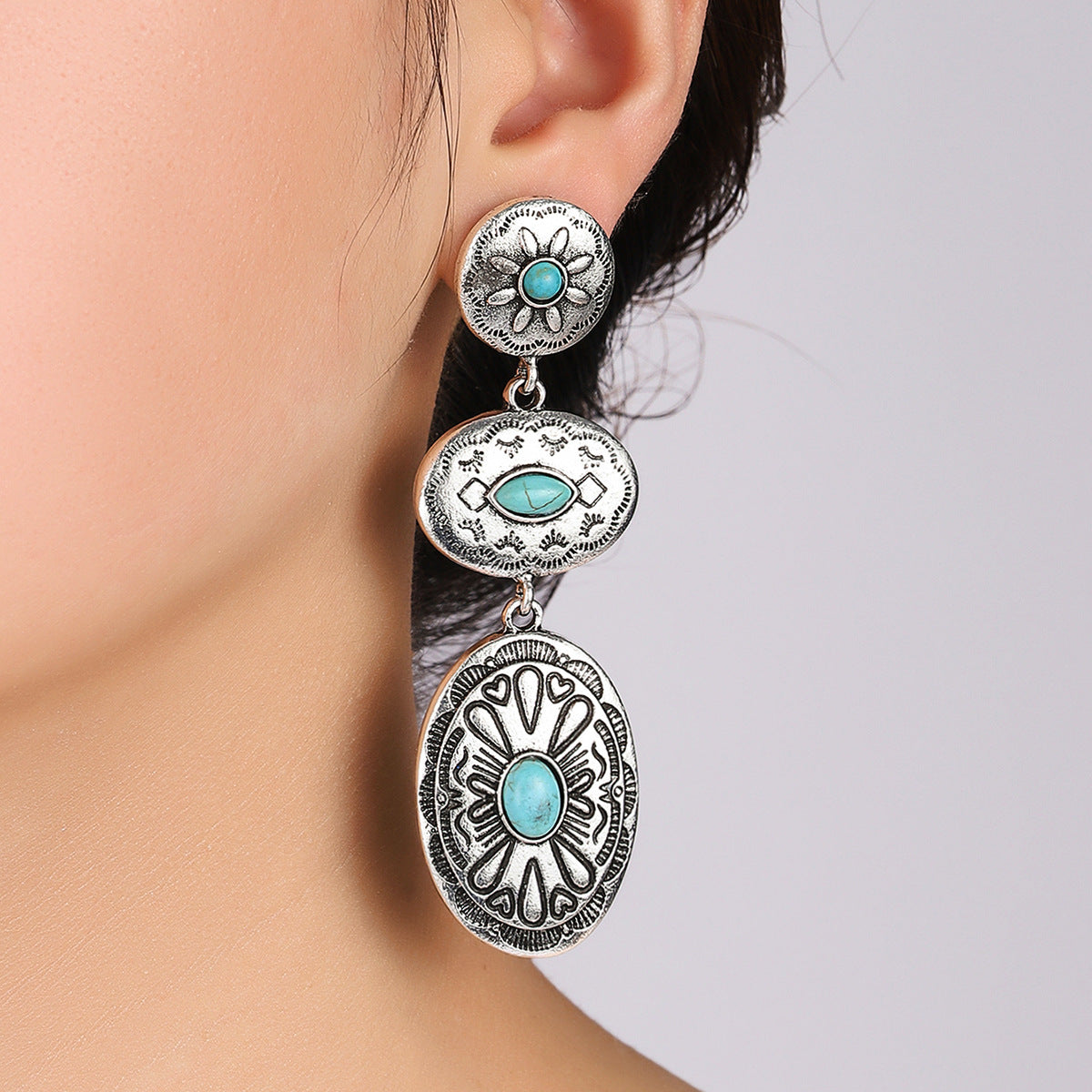 Squash blossom style turquoise long drop earrings by Turquoise Vintage