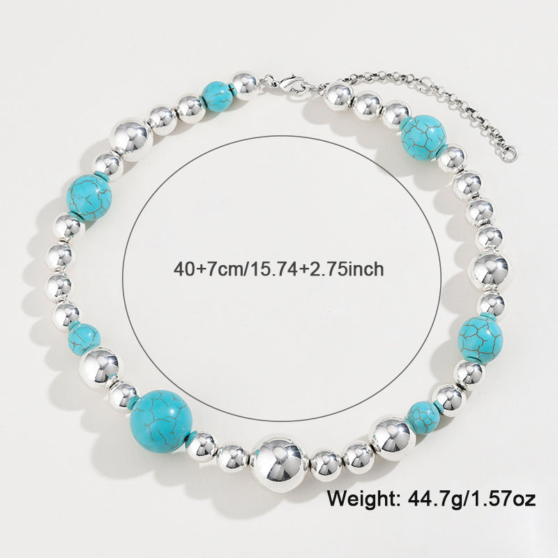 Chunky turquoise and silver bead necklace and bracelet, view 5