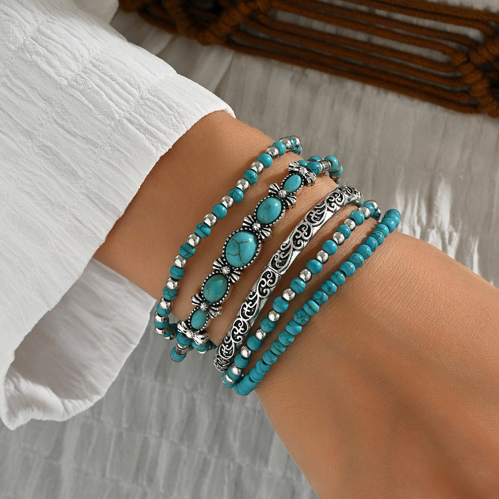 Layered turquoise beaded stretch bracelet set, view 3