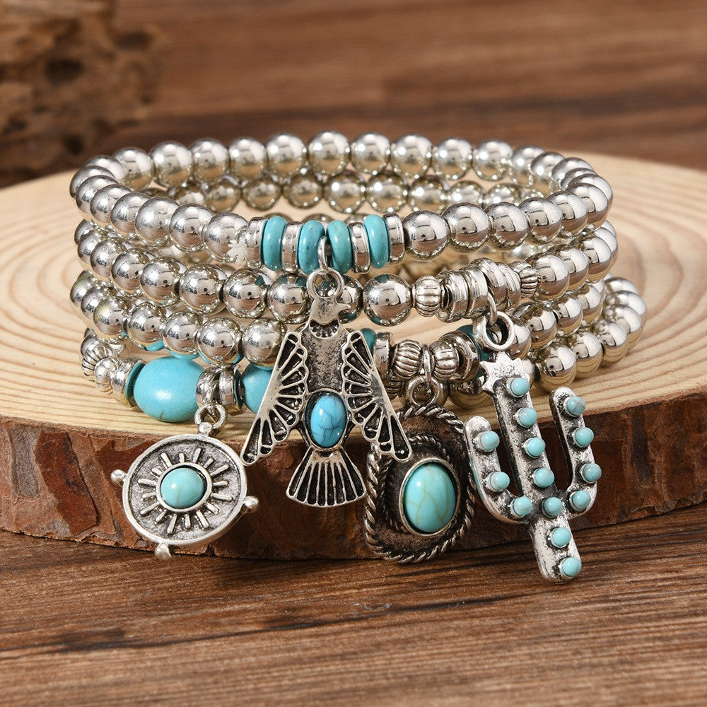 Turquoise concho charm beaded bracelet stack, view 5