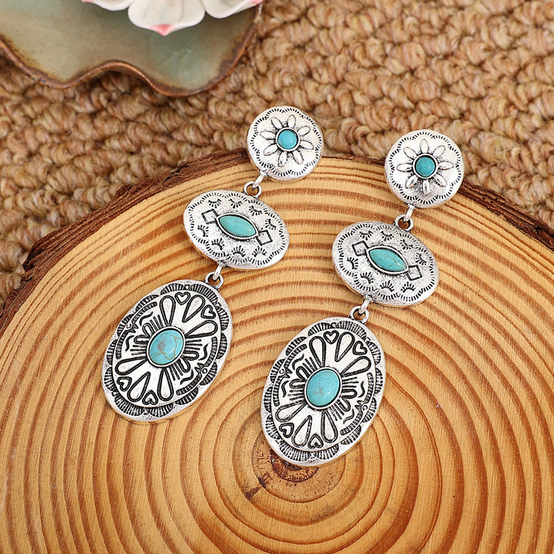 Squash blossom style turquoise long drop earrings, view 7