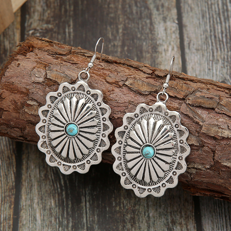 Western concho turquoise earrings in vintage silver by Turquoise Vintage