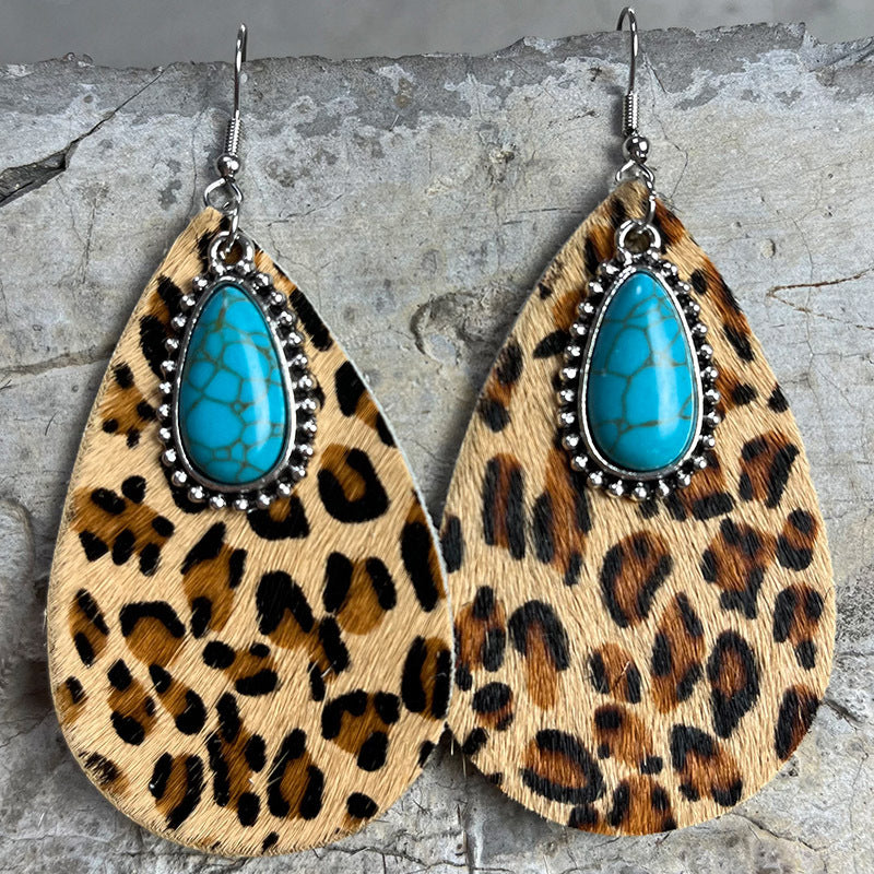 Cowhide print turquoise teardrop earrings, view 4
