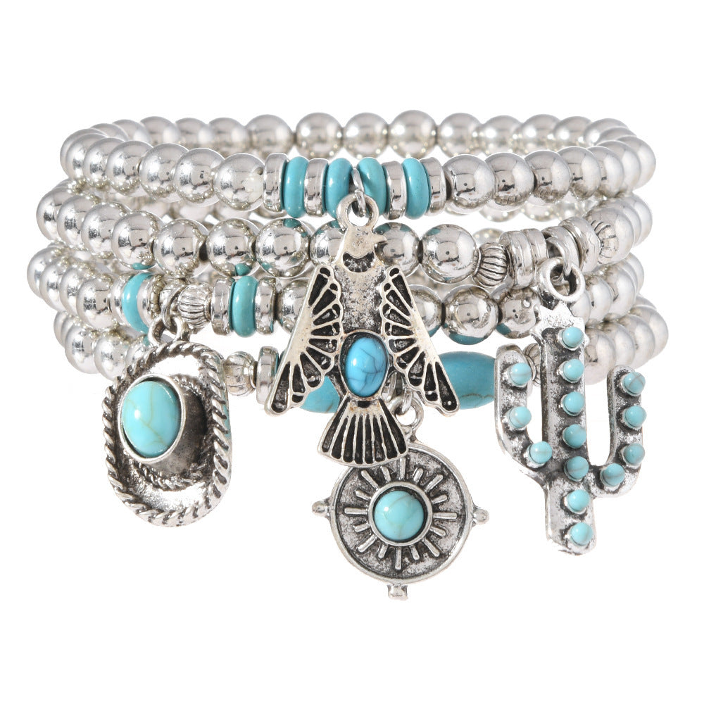 Turquoise concho charm beaded bracelet stack, view 3
