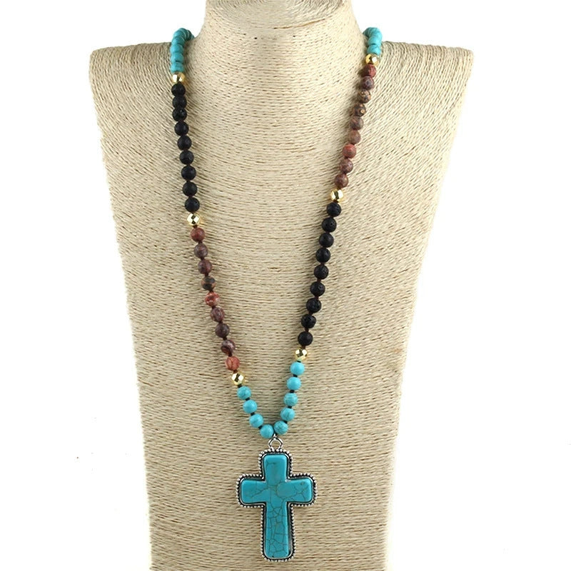 Long turquoise bead cross pendant necklace, view 5