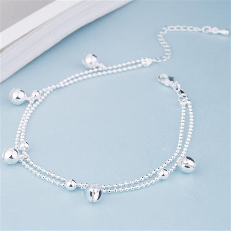 Silver bell layered boho anklet, view 2