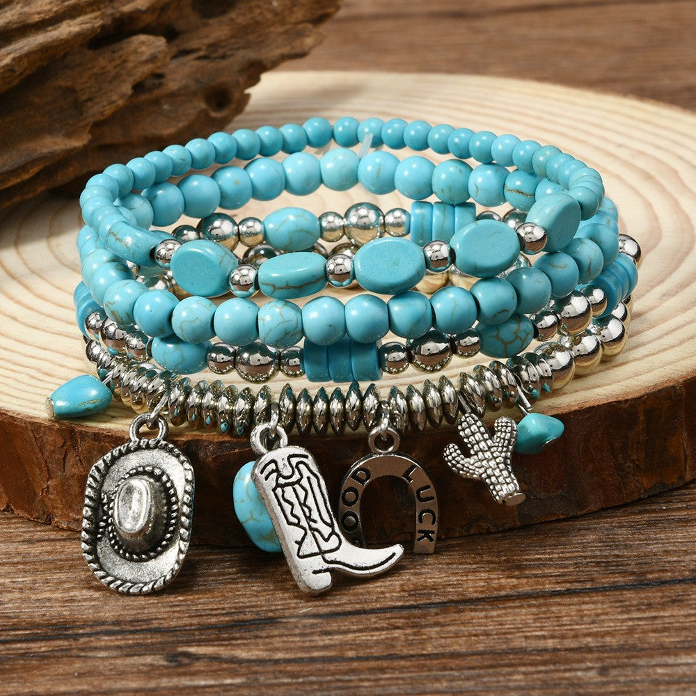 Turquoise concho charm beaded bracelet stack, view 4