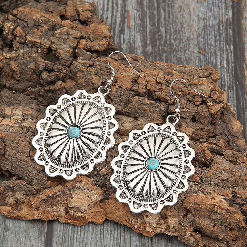Western concho turquoise earrings in vintage silver, view 3