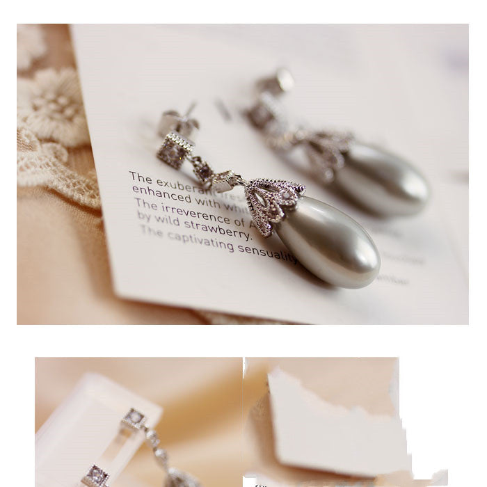 Vintage gray pearl drop earrings with filigree, view 5
