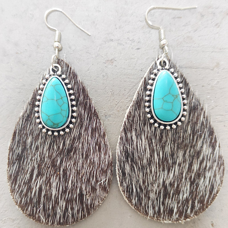 Cowhide print turquoise teardrop earrings, view 6