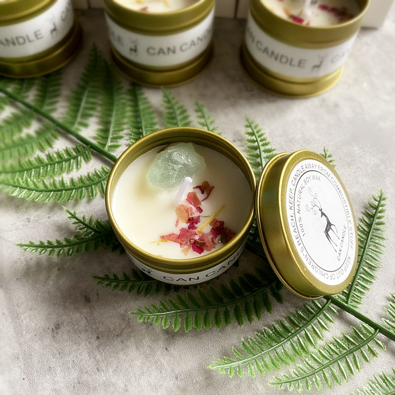 Crystal scented soy tin candle gift set with dried flowers and raw stones, view 9