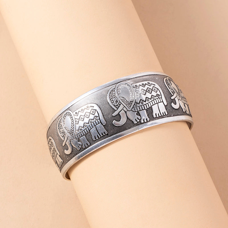 Vintage silver elephant engraved cuff bracelet, view 3
