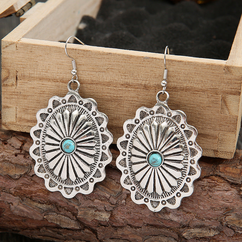 Western concho turquoise earrings in vintage silver, view 6