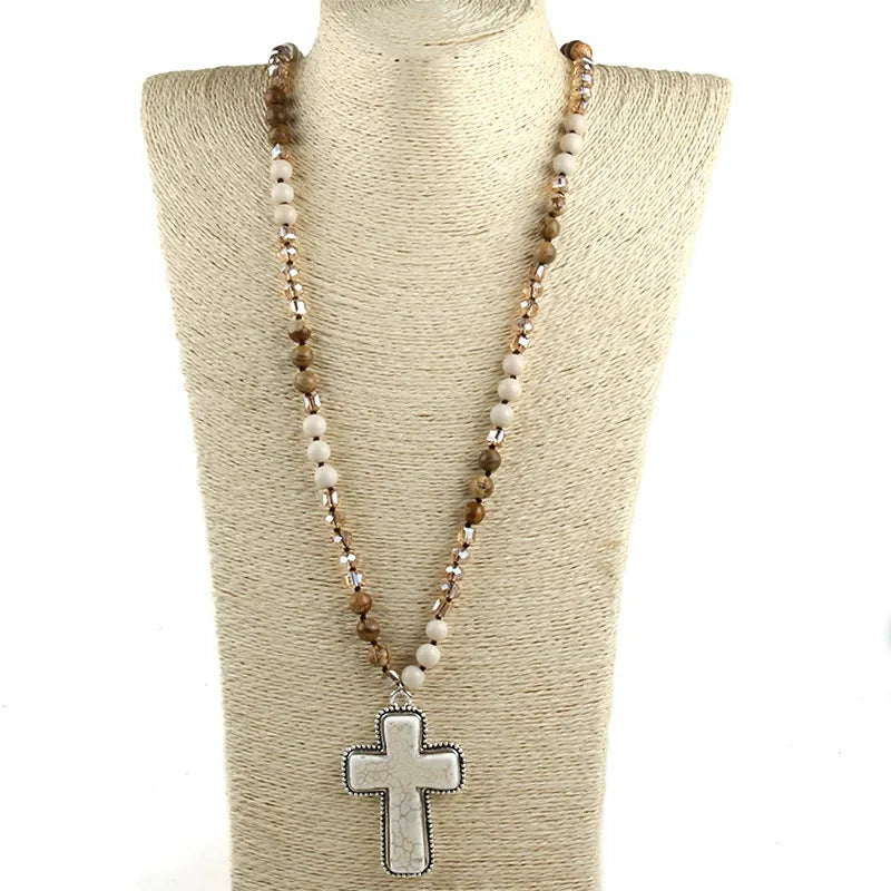 Long turquoise bead cross pendant necklace, view 7