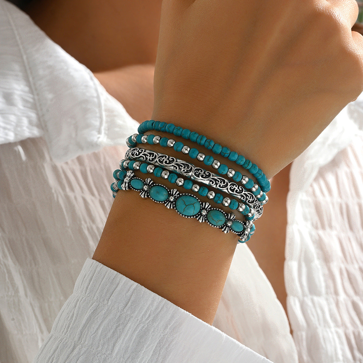 Layered turquoise beaded stretch bracelet set, view 5