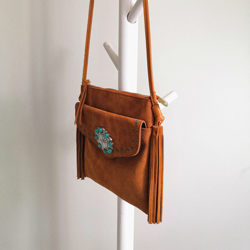 Brown western fringe crossbody bag with turquoise concho, view 2