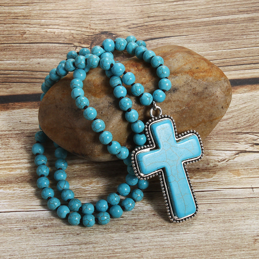 Long turquoise bead cross pendant necklace, view 2