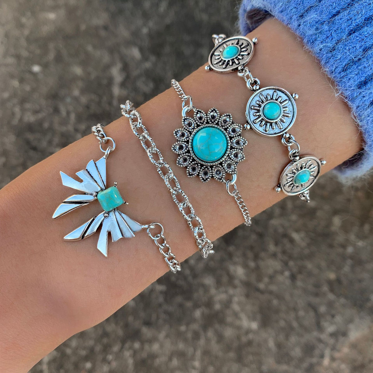 Turquoise and silver bracelet stack set of 4 by Turquoise Vintage