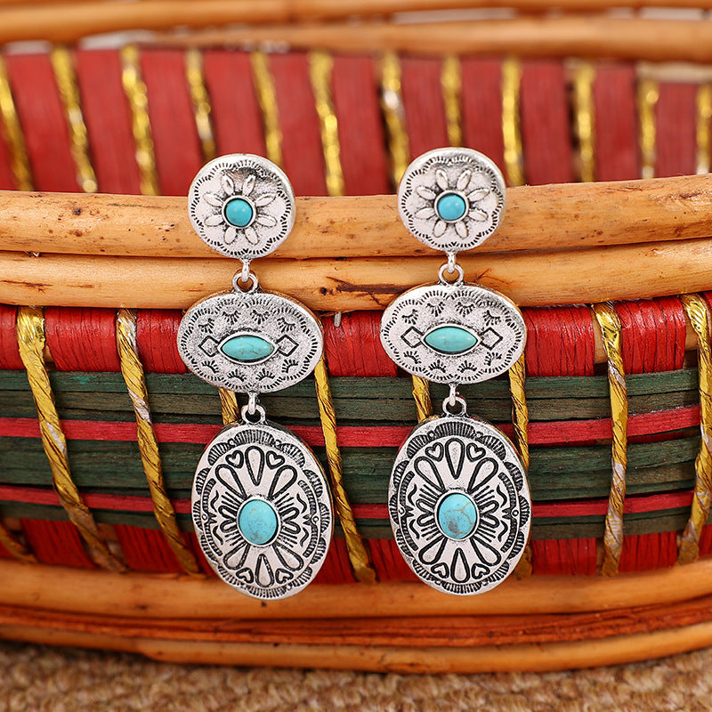 Squash blossom style turquoise long drop earrings, view 5