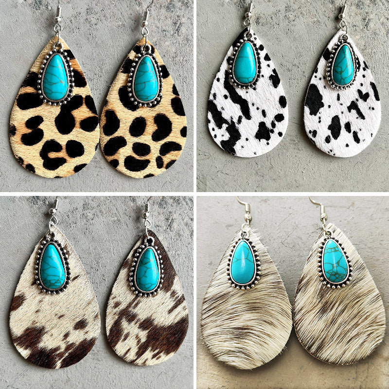 Cowhide print turquoise teardrop earrings, view 7