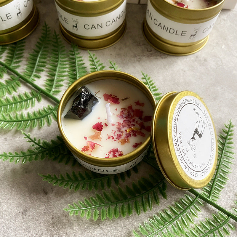 Crystal scented soy tin candle gift set with dried flowers and raw stones, view 4