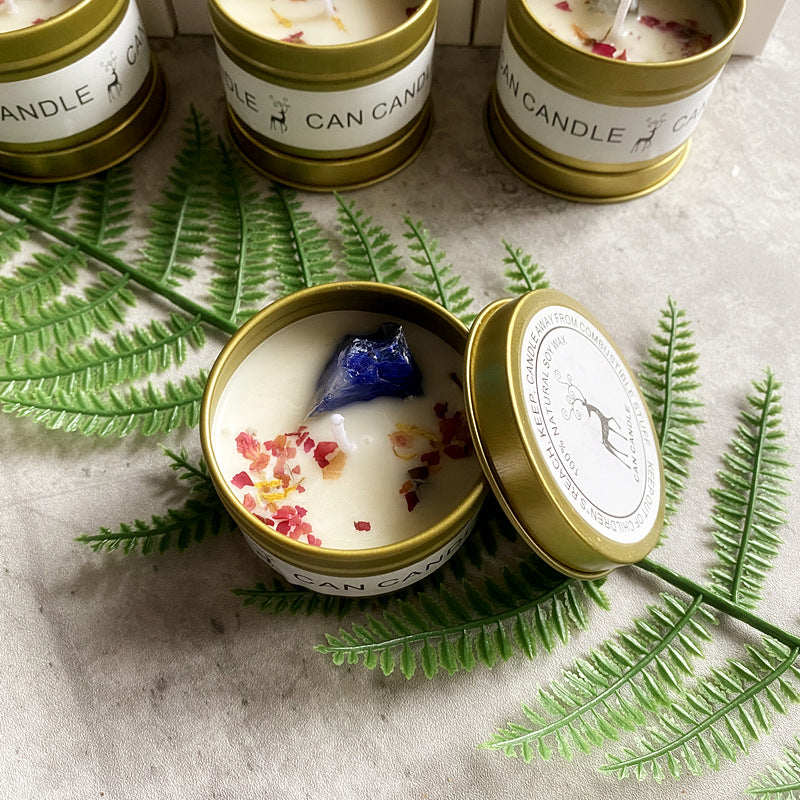 Crystal scented soy tin candle gift set with dried flowers and raw stones, view 6