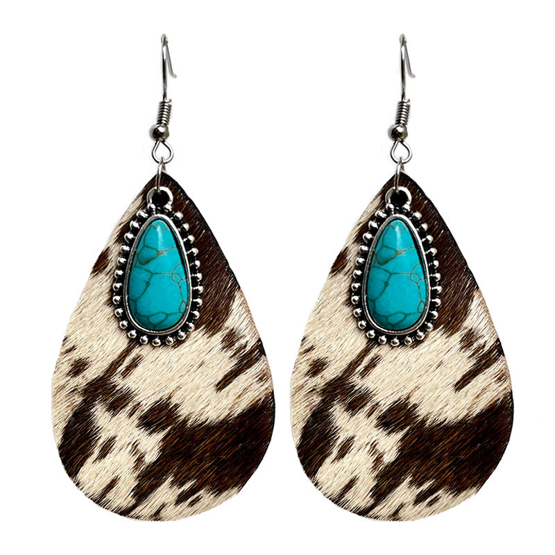 Cowhide print turquoise teardrop earrings, view 10