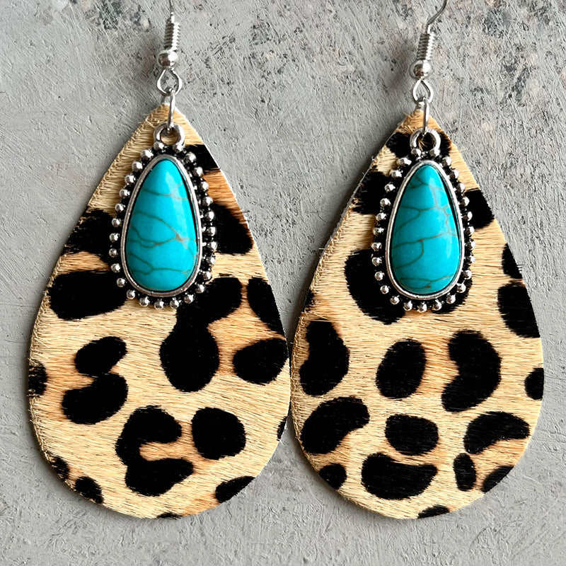 Cowhide print turquoise teardrop earrings, view 9