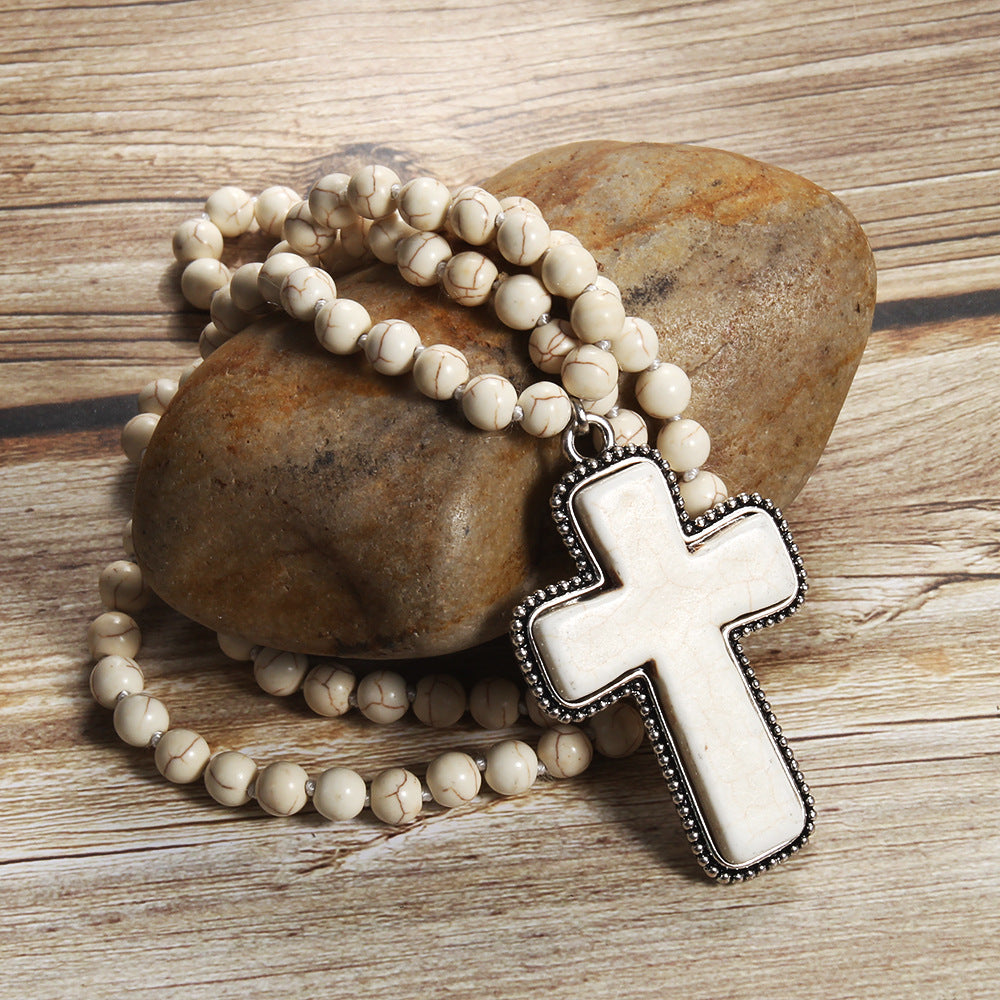 Long turquoise bead cross pendant necklace, view 8