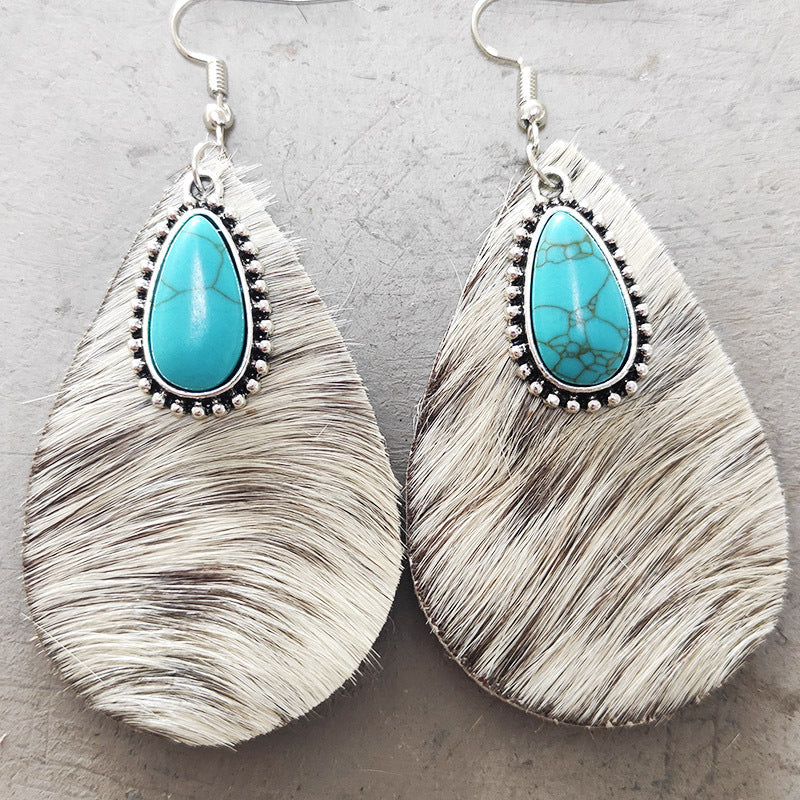 Cowhide print turquoise teardrop earrings, view 8