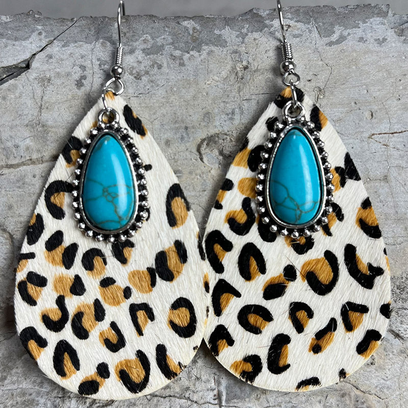 Cowhide print turquoise teardrop earrings, view 11