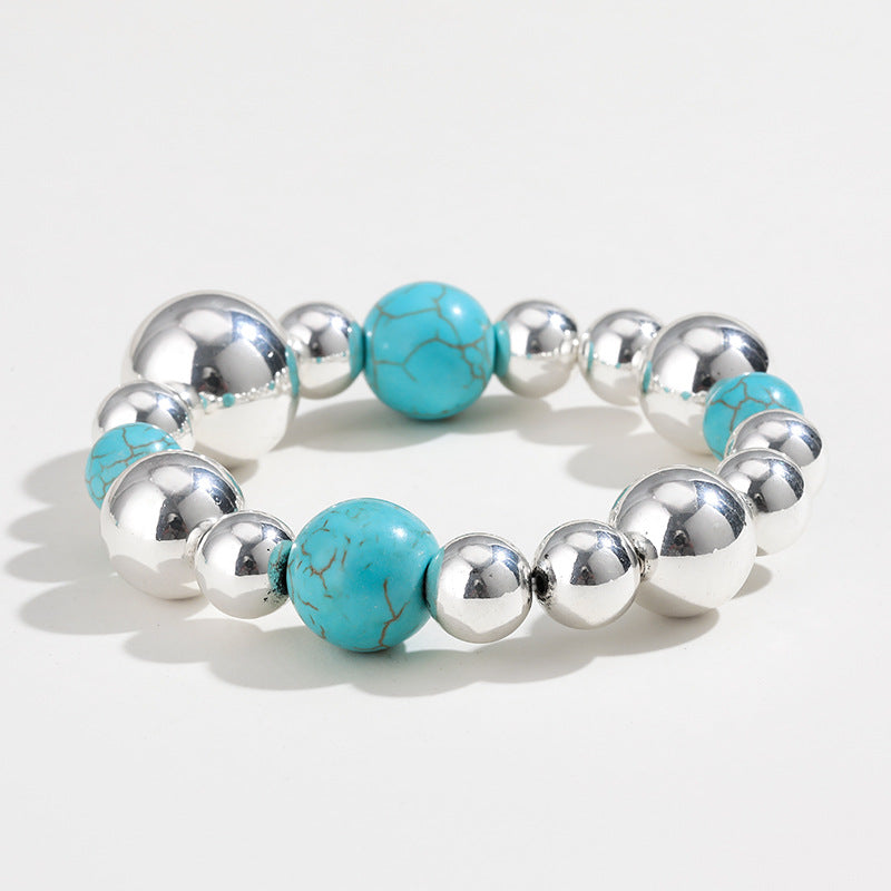 Chunky turquoise and silver bead necklace and bracelet, view 2