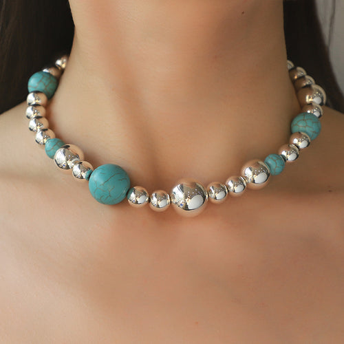 Chunky turquoise and silver bead necklace and bracelet by Turquoise Vintage
