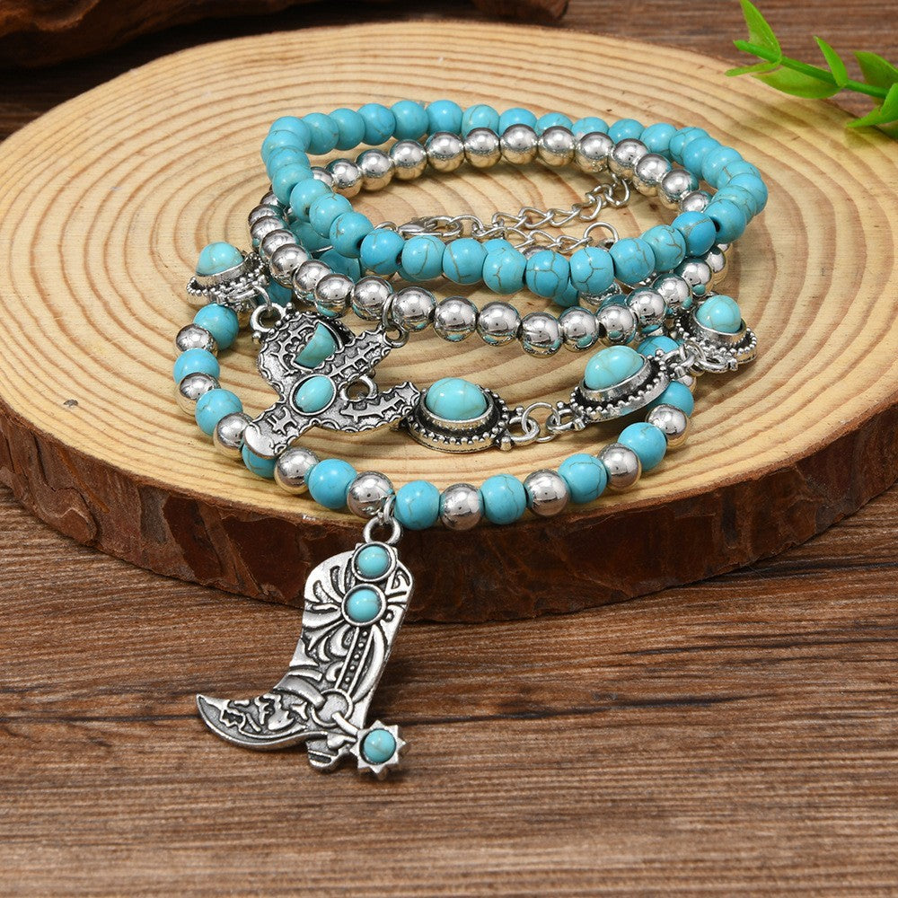 Turquoise concho charm beaded bracelet stack, view 10