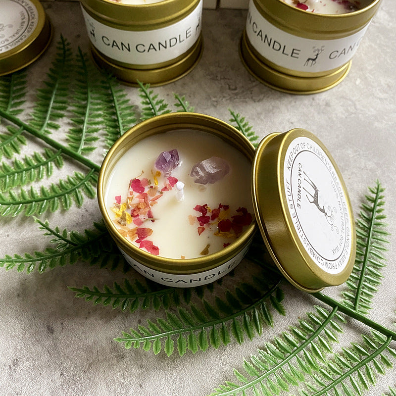 Crystal scented soy tin candle gift set with dried flowers and raw stones, view 10