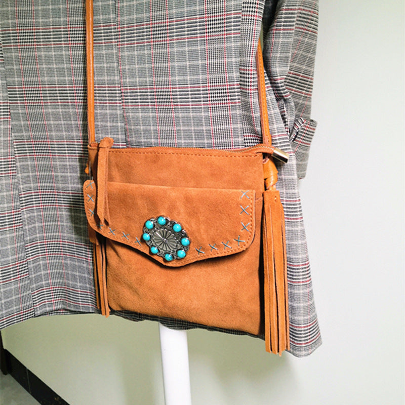 Brown western fringe crossbody bag with turquoise concho, view 5