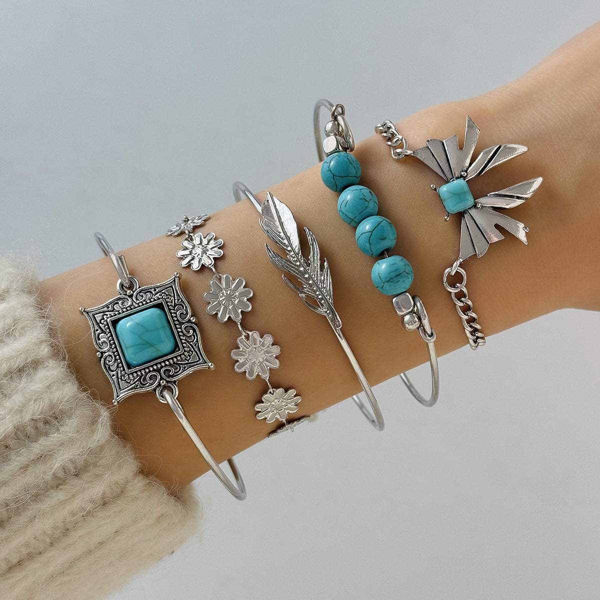 Turquoise and silver bracelet stack set of 4, view 7