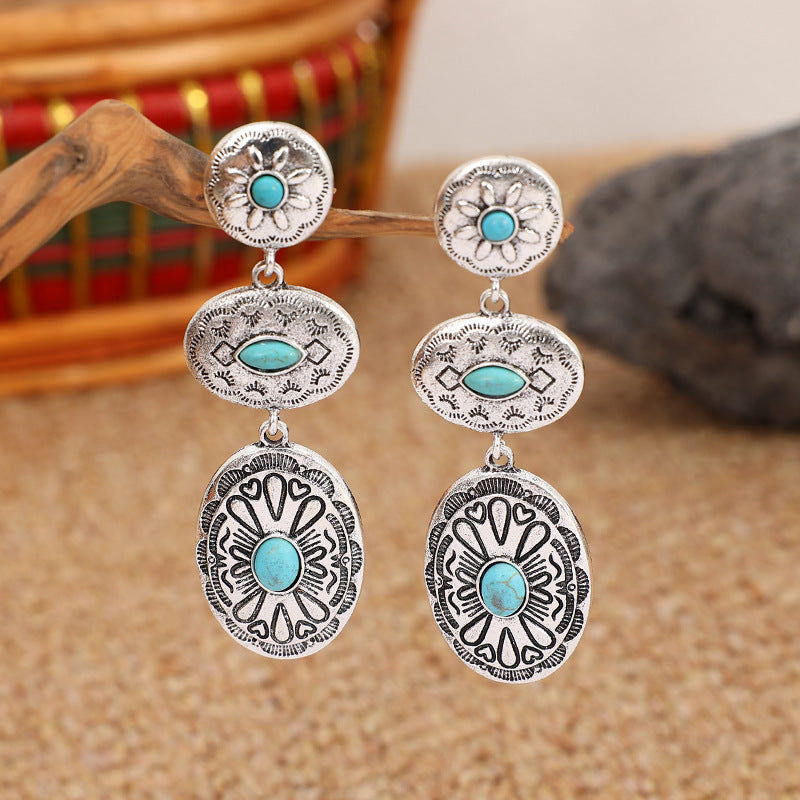 Squash blossom style turquoise long drop earrings, view 10