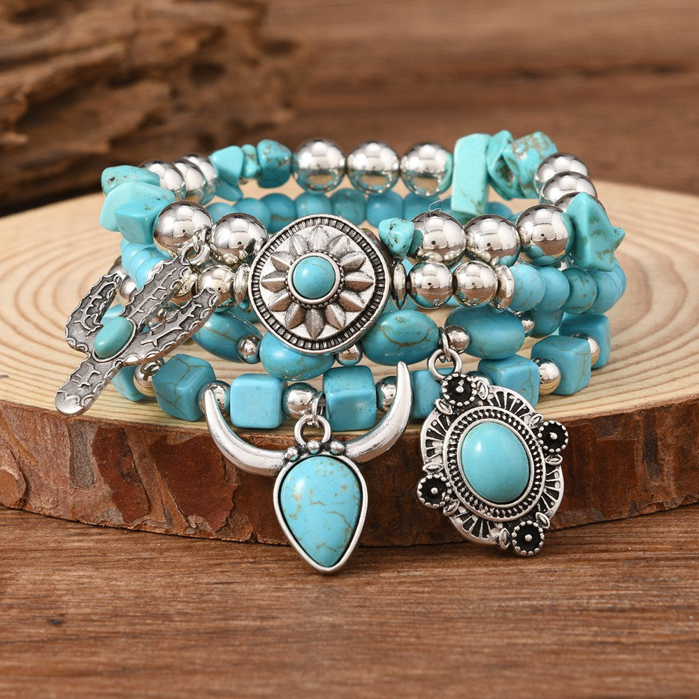 Turquoise concho charm beaded bracelet stack, view 6