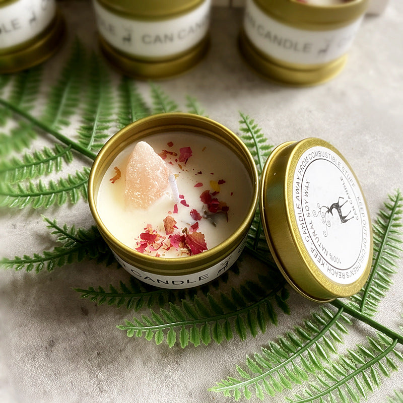 Crystal scented soy tin candle gift set with dried flowers and raw stones, view 3