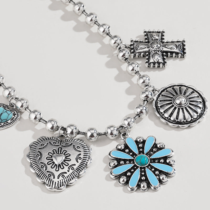 Western turquoise charm necklace with silver concho flower and cross charms, view 3