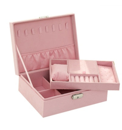 Vintage velvet jewelry box with lock and double layer organizer, view 2