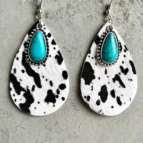 Cowhide print turquoise teardrop earrings, view 2