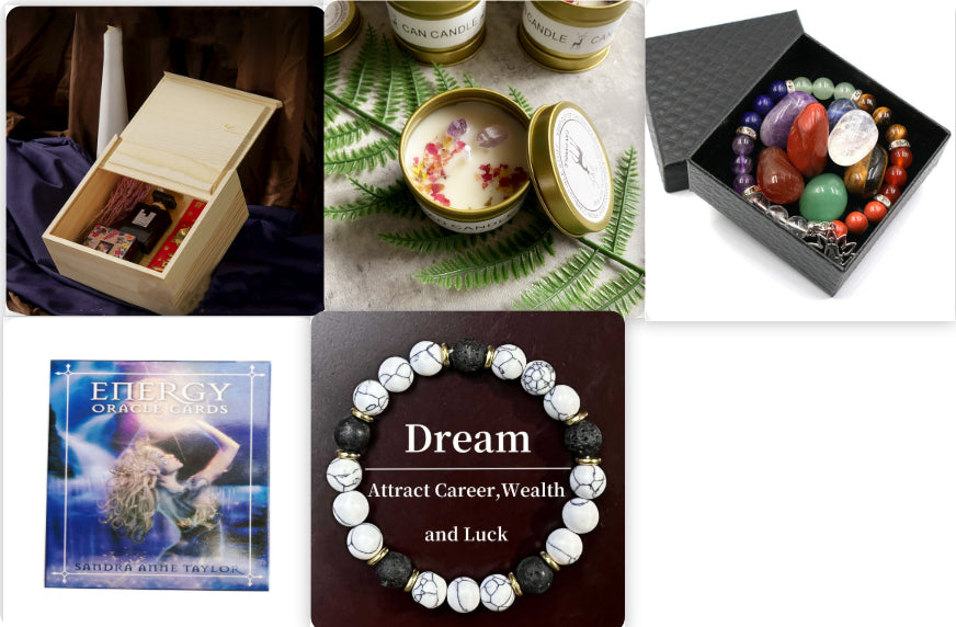 Crystal scented soy tin candle gift set with dried flowers and raw stones, view 11