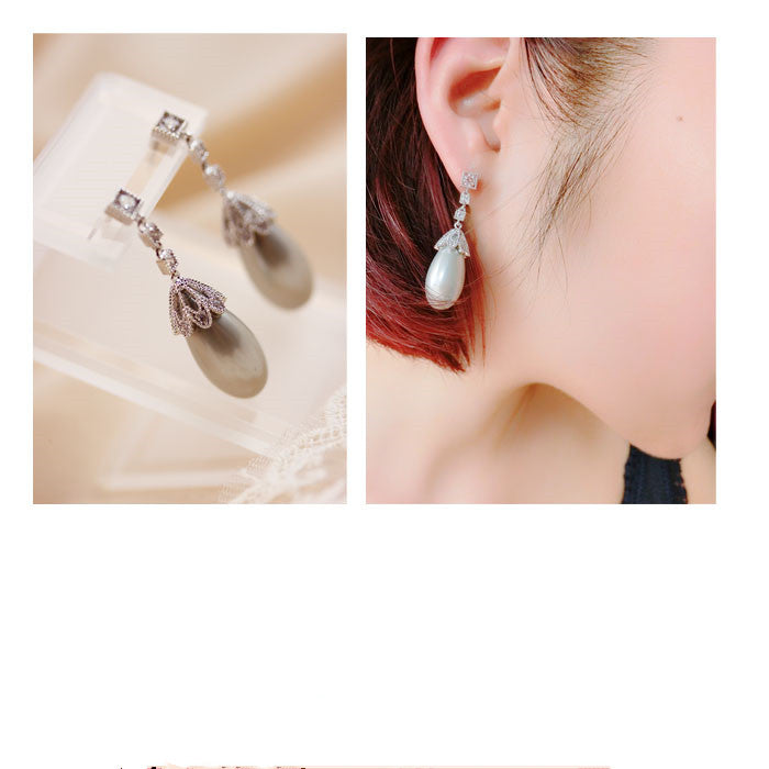 Vintage gray pearl drop earrings with filigree, view 2