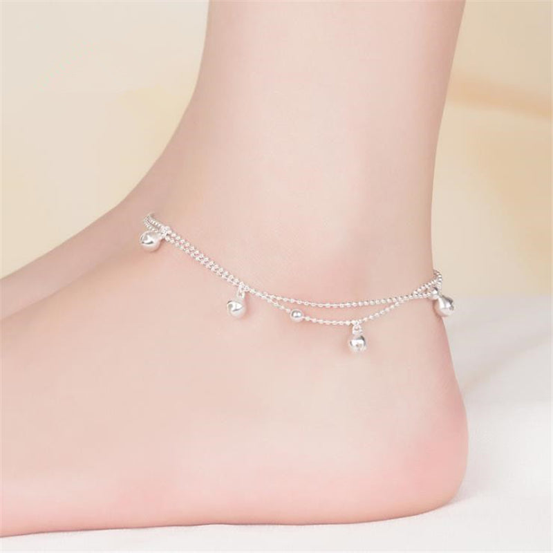 Silver bell layered boho anklet, view 5