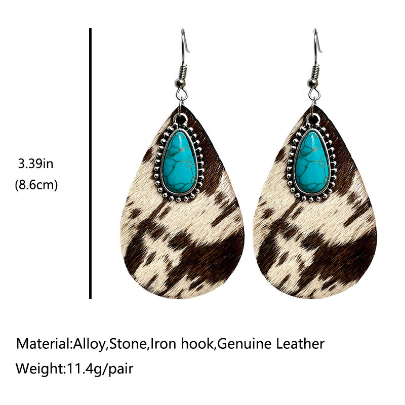 Cowhide print turquoise teardrop earrings, view 3