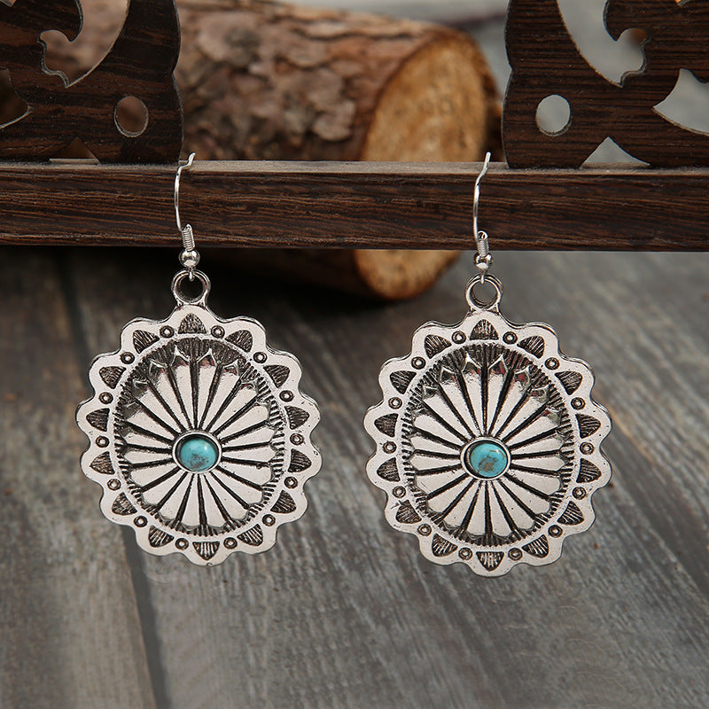 Western concho turquoise earrings in vintage silver, view 2